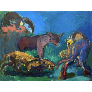 Uffe Christoffersen. Løven, Leoparden, Hyænen og Æslet, 1981. 100x130cm